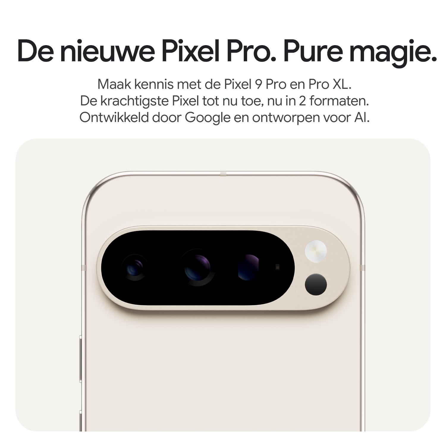 Close-up van een smartphone met een drievoudige lenscamera. Wit en crèmekleurig kleurenschema. Google-logo.