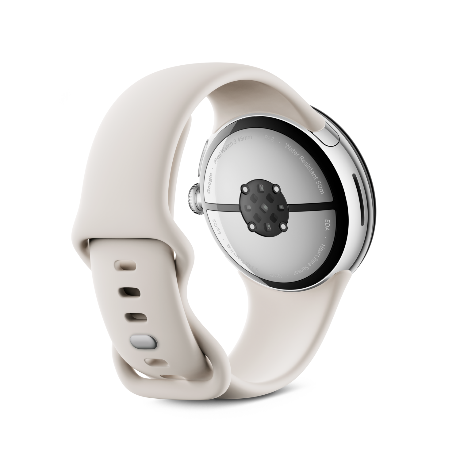 Achterkant van een zilveren smartwatch met een witte band. Toont de hartslagsensor.