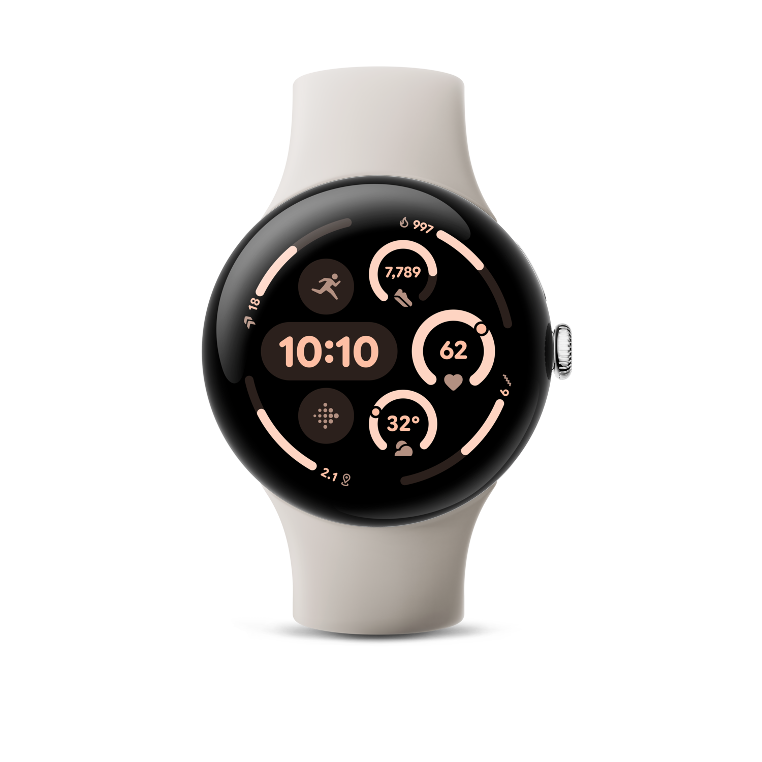 Smartwatch met een zwart scherm waarop tijd, activiteitsstatistieken en hartslaggegevens worden weergegeven.