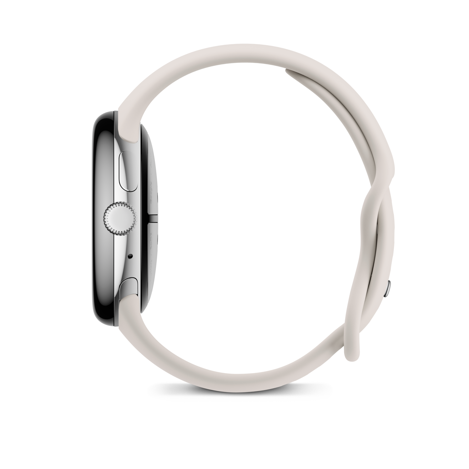 Zijaanzicht van een zilveren smartwatch met witte band op een zwarte achtergrond.