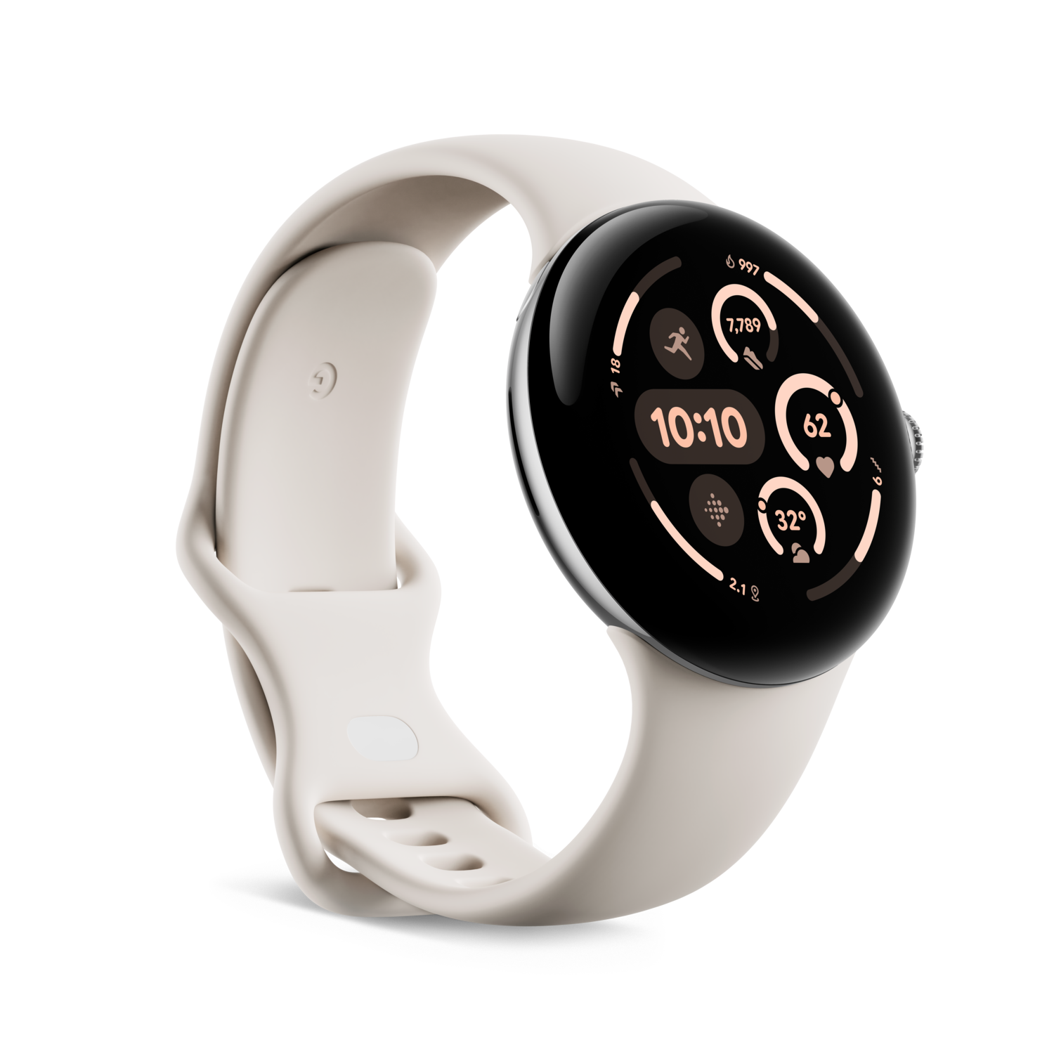 Een crèmekleurige smartwatch op een witte band, met een digitaal display.