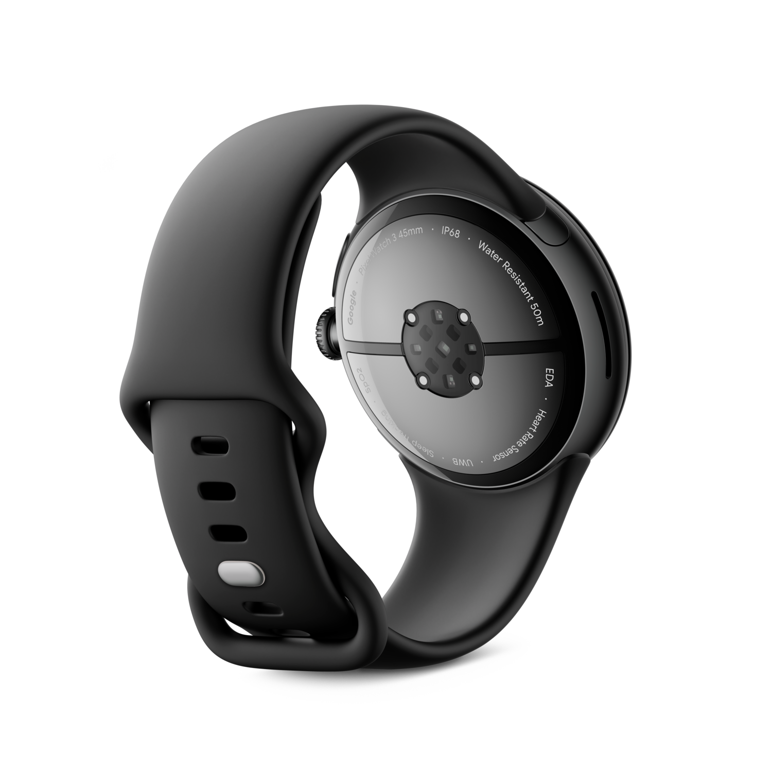 Een zwarte smartwatch van achteren. De horloge heeft een gebogen scherm en een zwarte band.