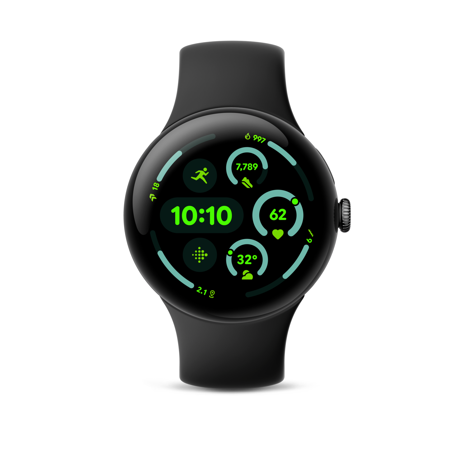 Zwarte smartwatch toont tijd, stappen, hartslag en andere gezondheidsgegevens op zwarte achtergrond.