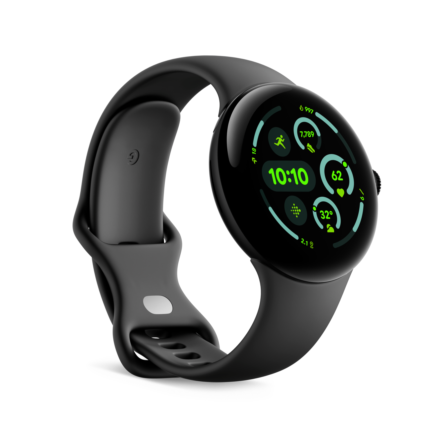Een zwarte smartwatch met een afgerond scherm, zwarte band, met tijd, fitnessgegevens en temperatuur.