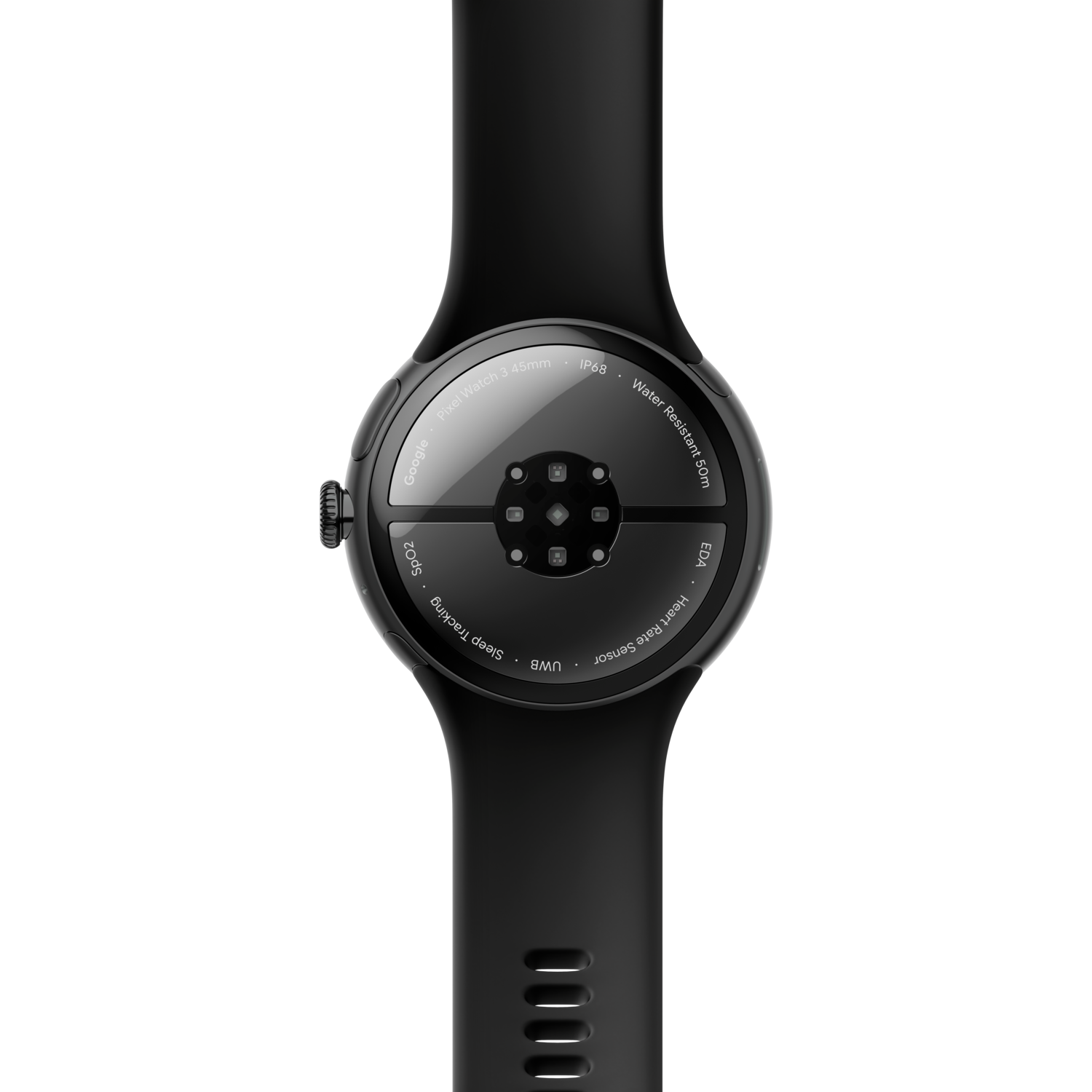 Zwarte achterkant van de Google Pixel Watch met sensoren en band.