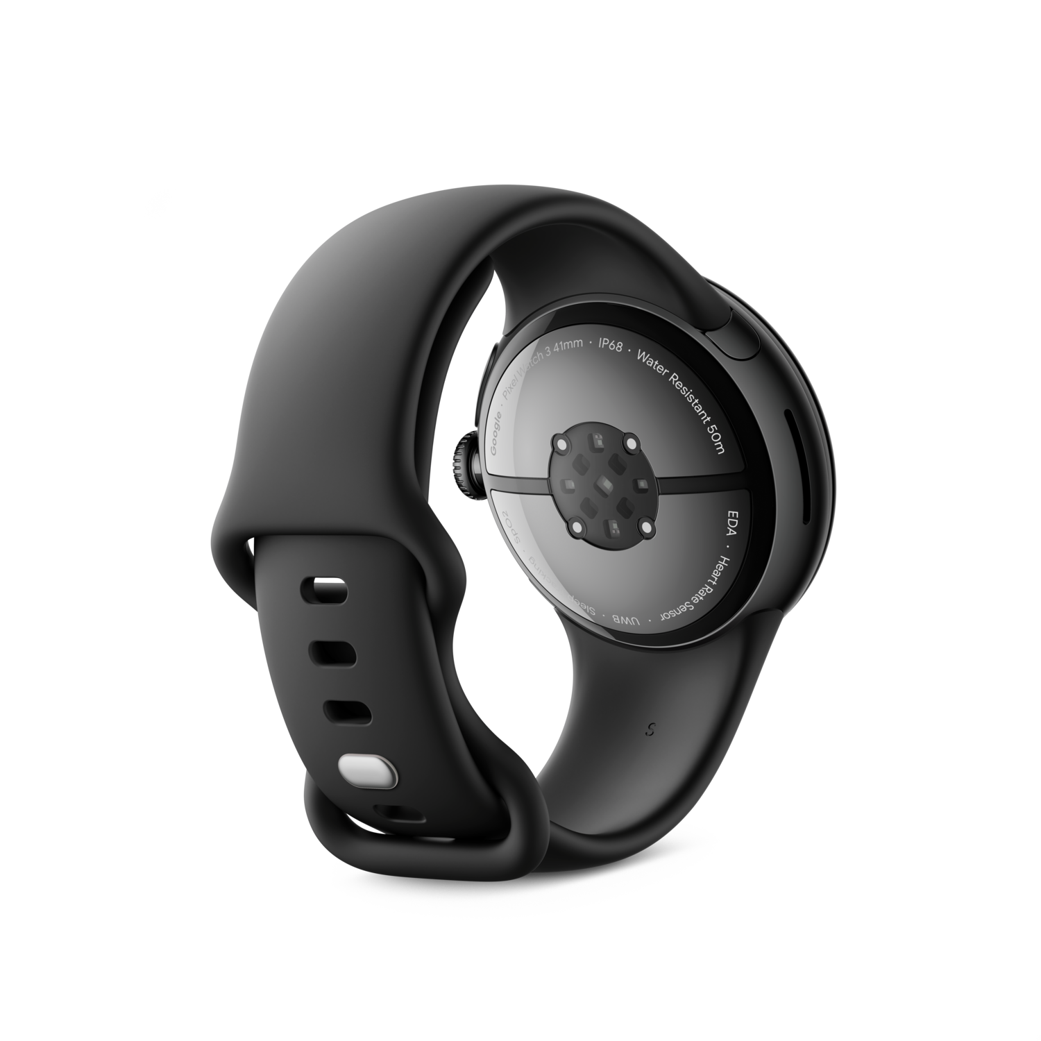 Zwarte smartwatch met zwarte band. Achterkant toont sensoren en tekst.
