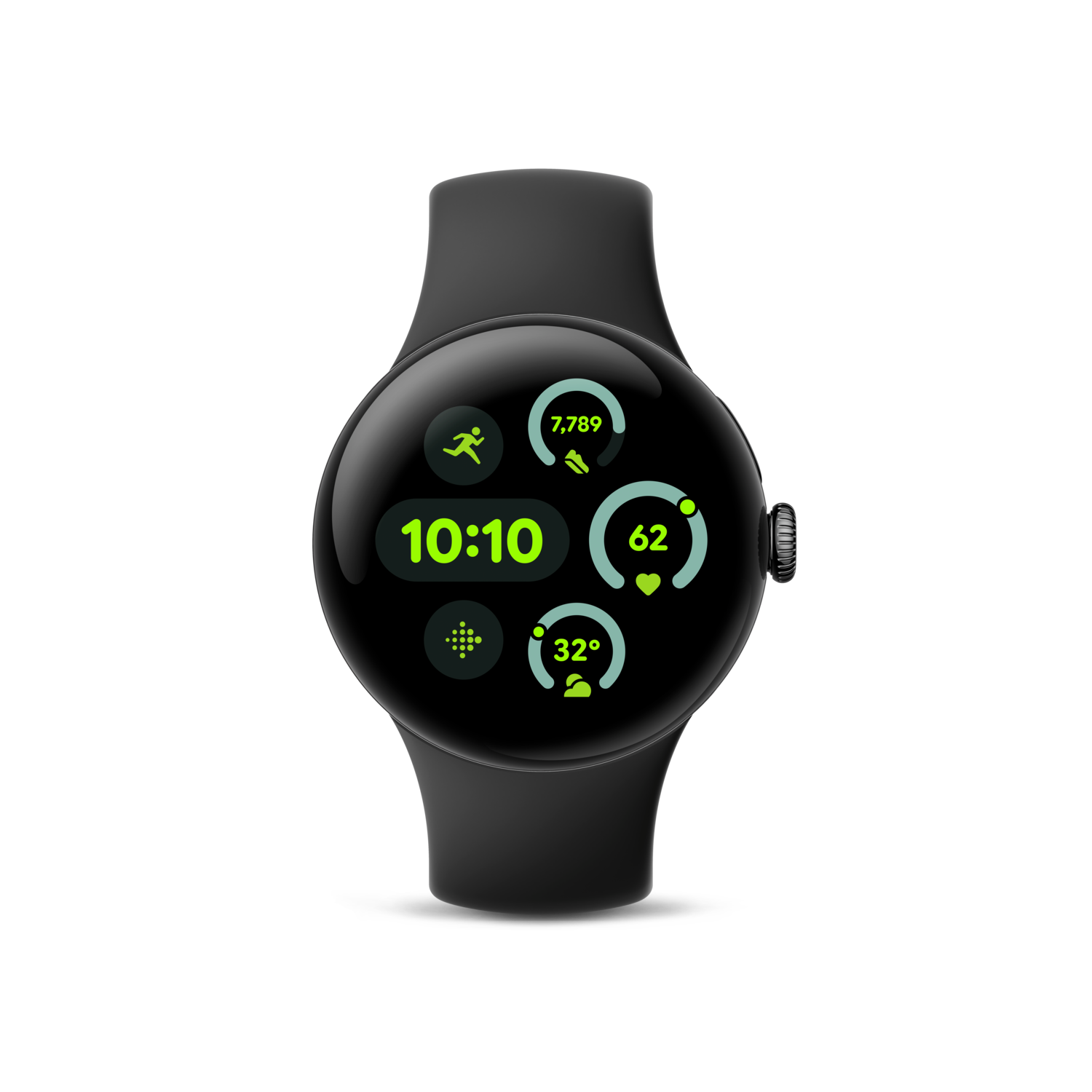 Een zwart horloge met een cirkelvormig display dat tijd, stappen, hartslag en temperatuur weergeeft. Zwarte achtergrond.
