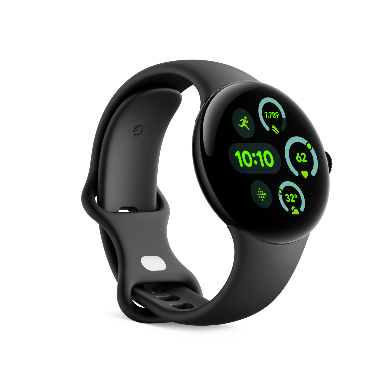 Een zwarte smartwatch op een zwarte achtergrond. Het scherm toont gegevens.