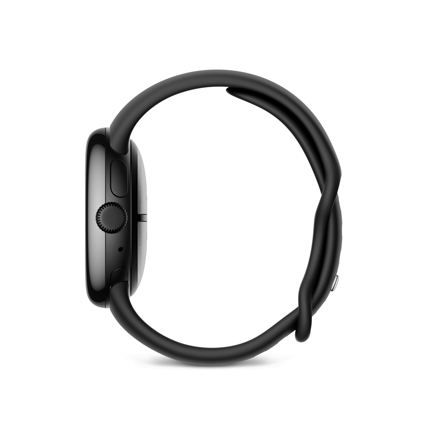 Zwarte smartwatch met zwarte band, zijaanzicht. Toont de zijkantknop en de wijzerplaat.