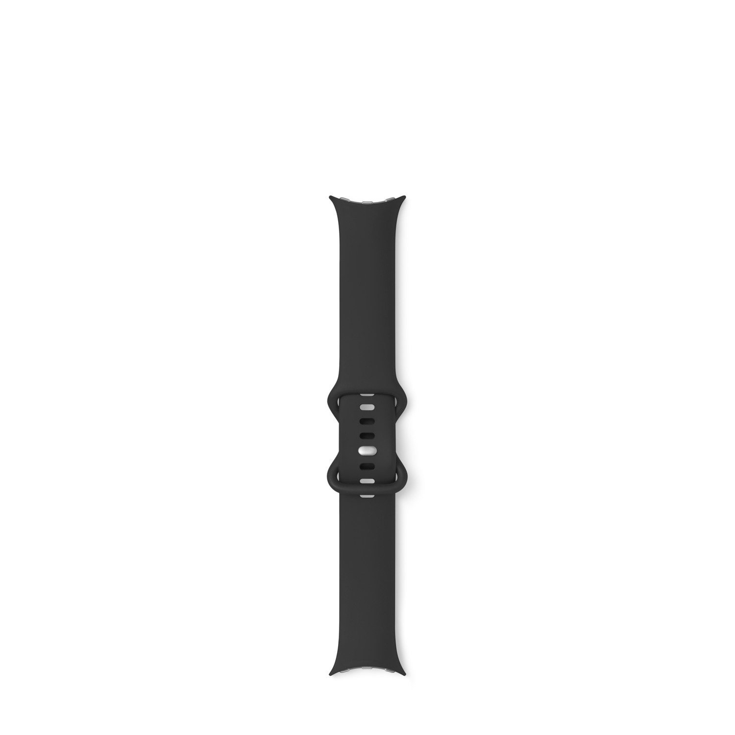Een zwarte smartwatch band, platliggend. Het heeft een gespsluiting.