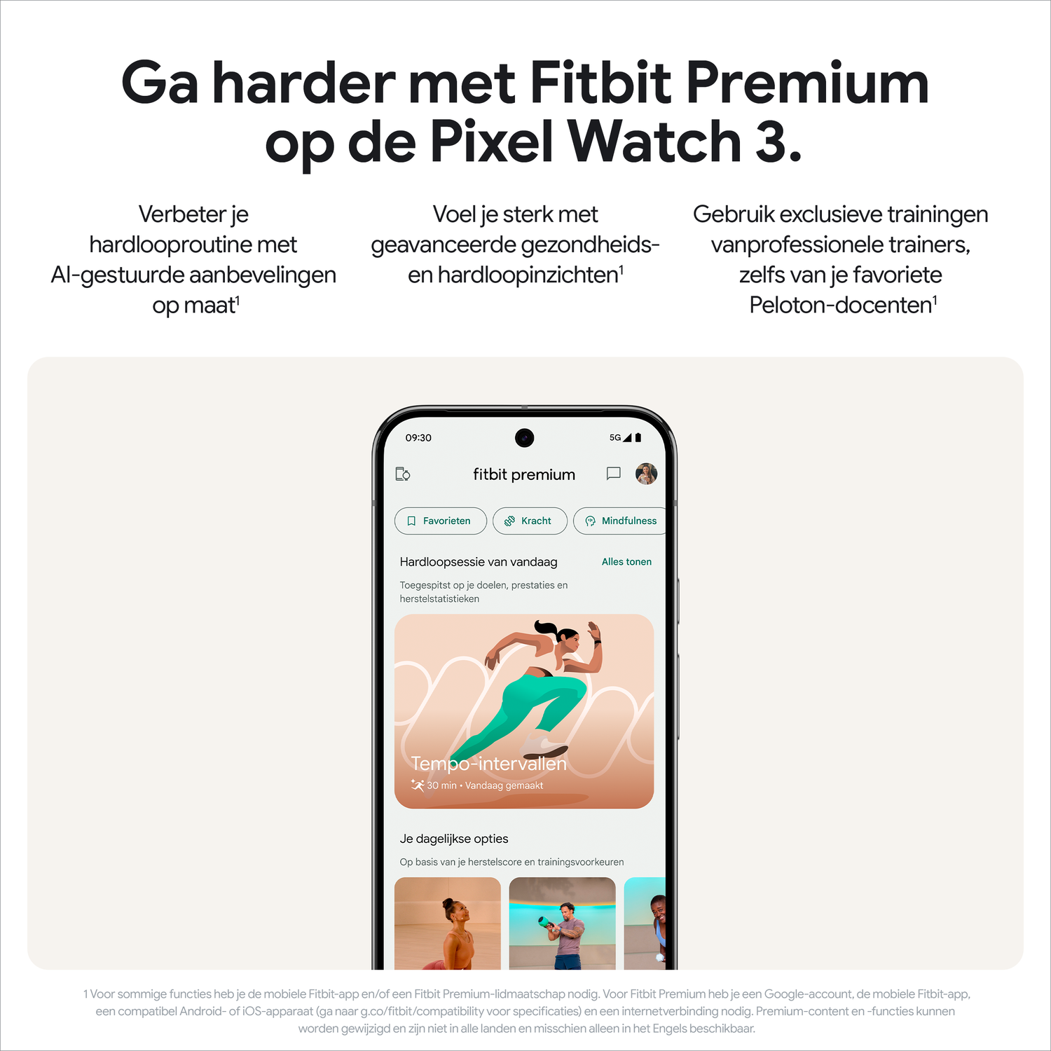 Fitbit Premium advertentie met telefoonweergave die app-interface toont. Teksten in het Nederlands.