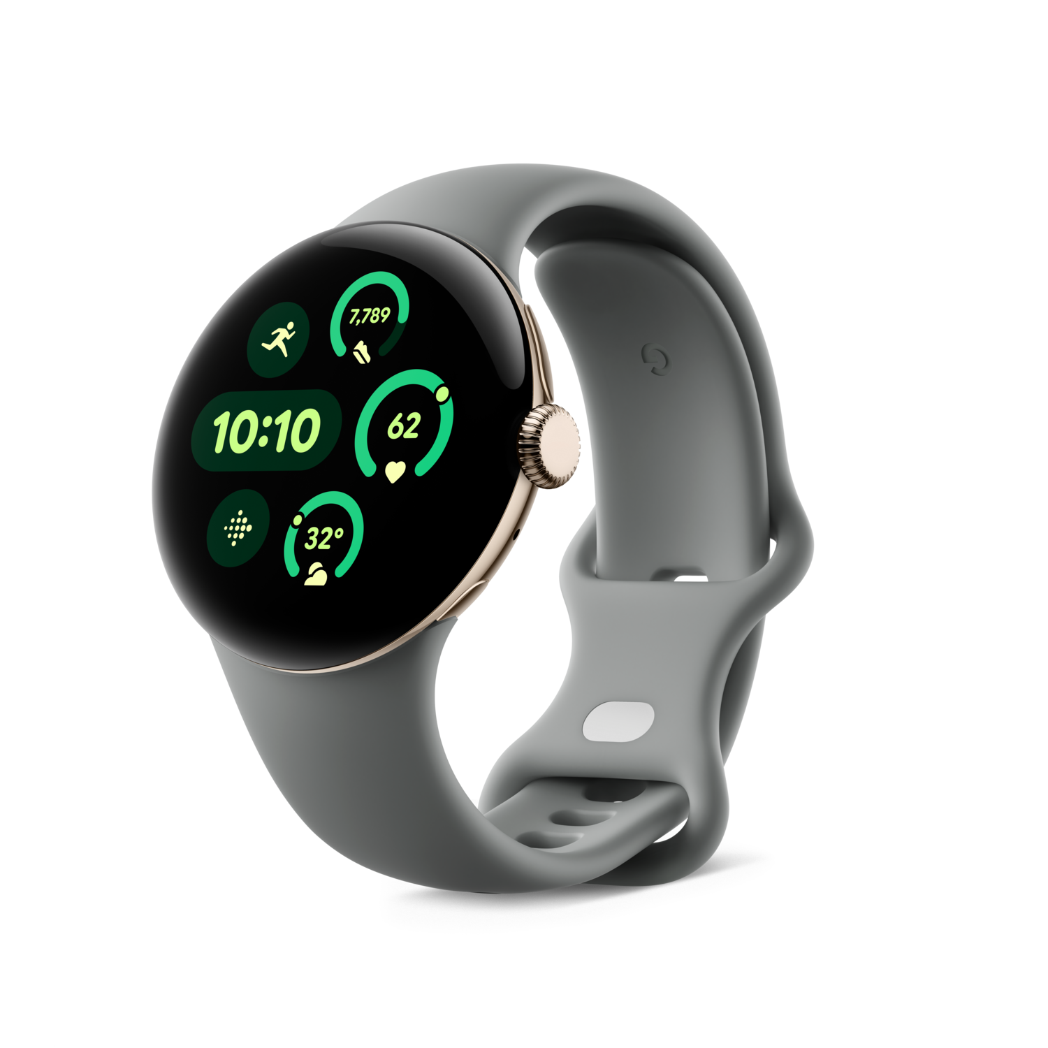 Een grijze smartwatch met een ronde wijzerplaat die statistieken weergeeft en een grijze band op een zwarte achtergrond.