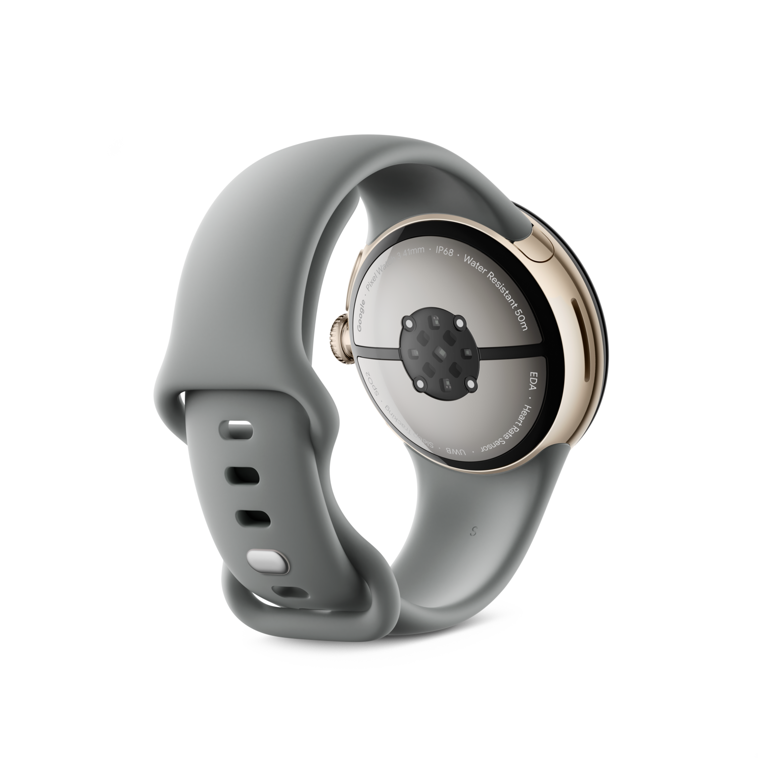Grijze smartwatch met een gouden rand en een grijze band, de achterkant tonend.