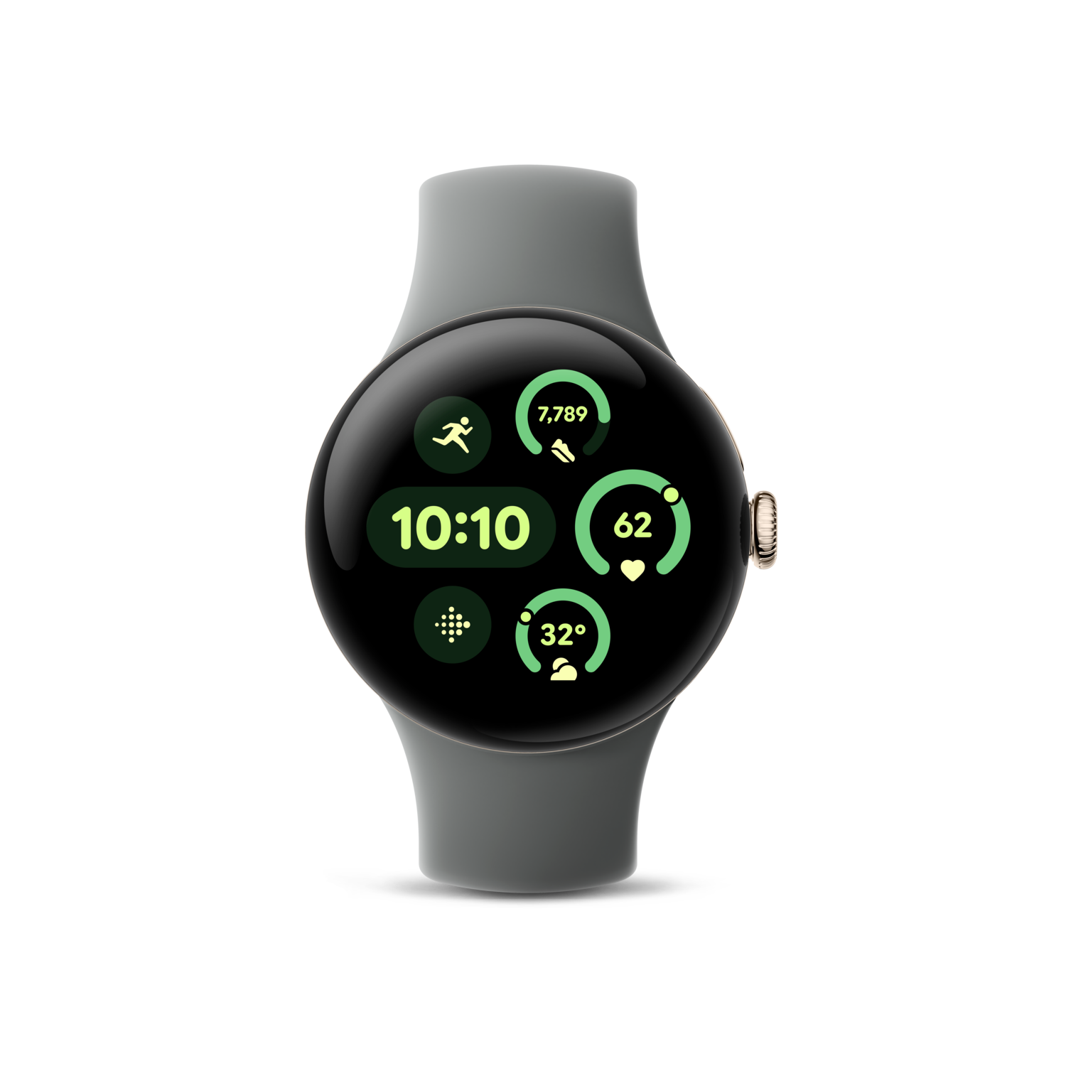 Pixel smartwatch, rond, grijze band, toont tijd, stappen, hartslag en weer.