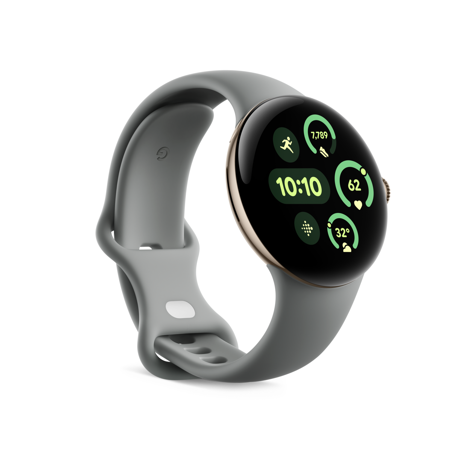 Een grijze smartwatch met een ronde wijzerplaat die fitnessgegevens toont, op een zwarte achtergrond.