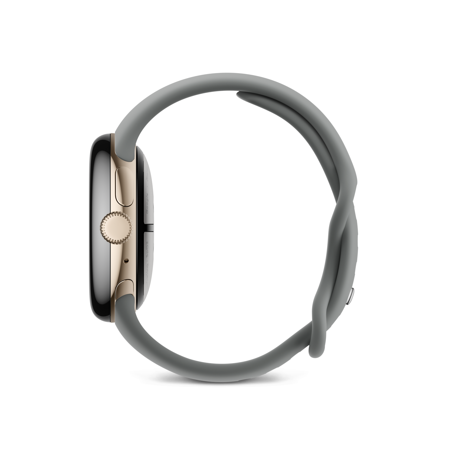 Zijaanzicht van een gouden smartwatch met een grijze band, met de wijzerplaat.
