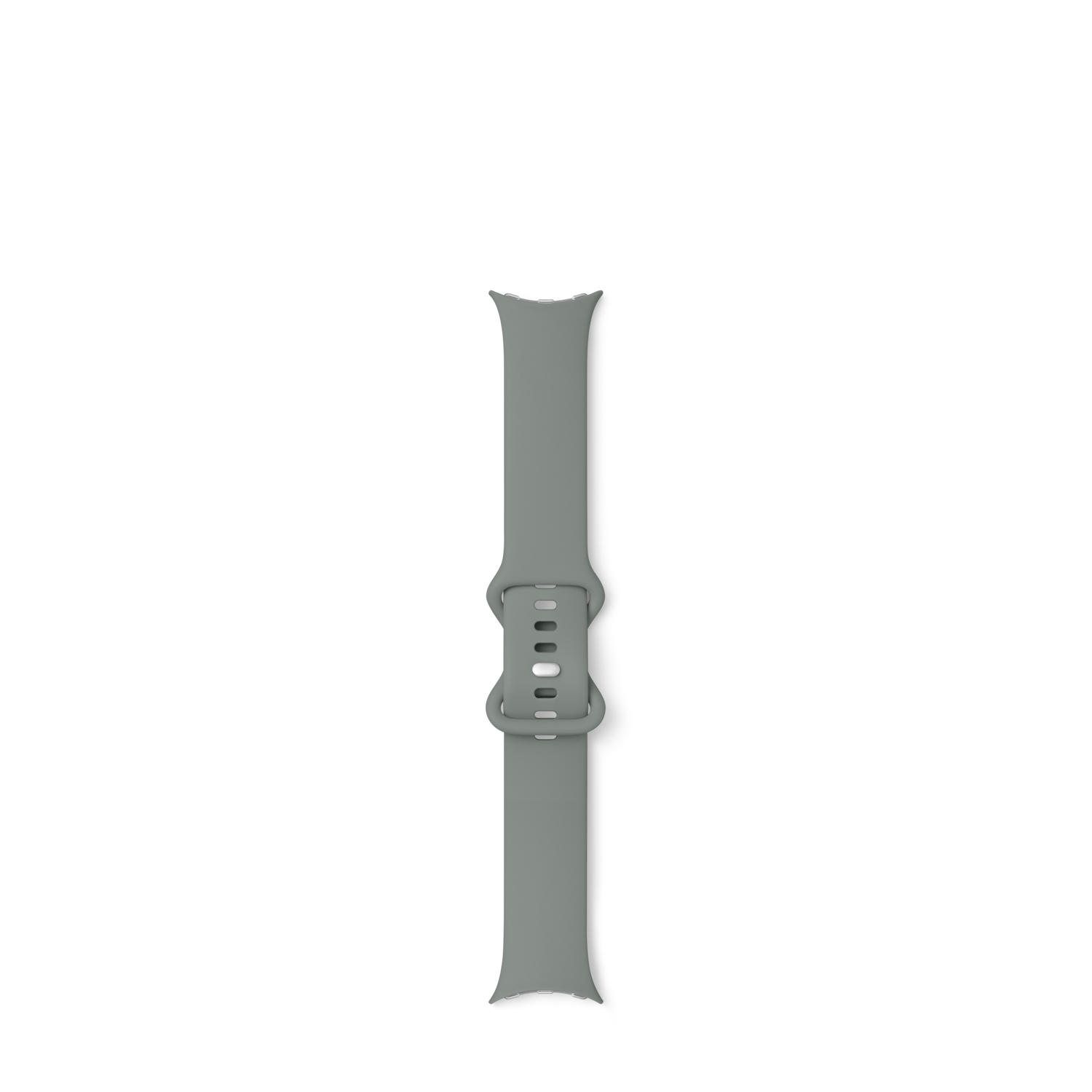 Grijze smartwatch-band, plat, met een gespontwerp in het midden.