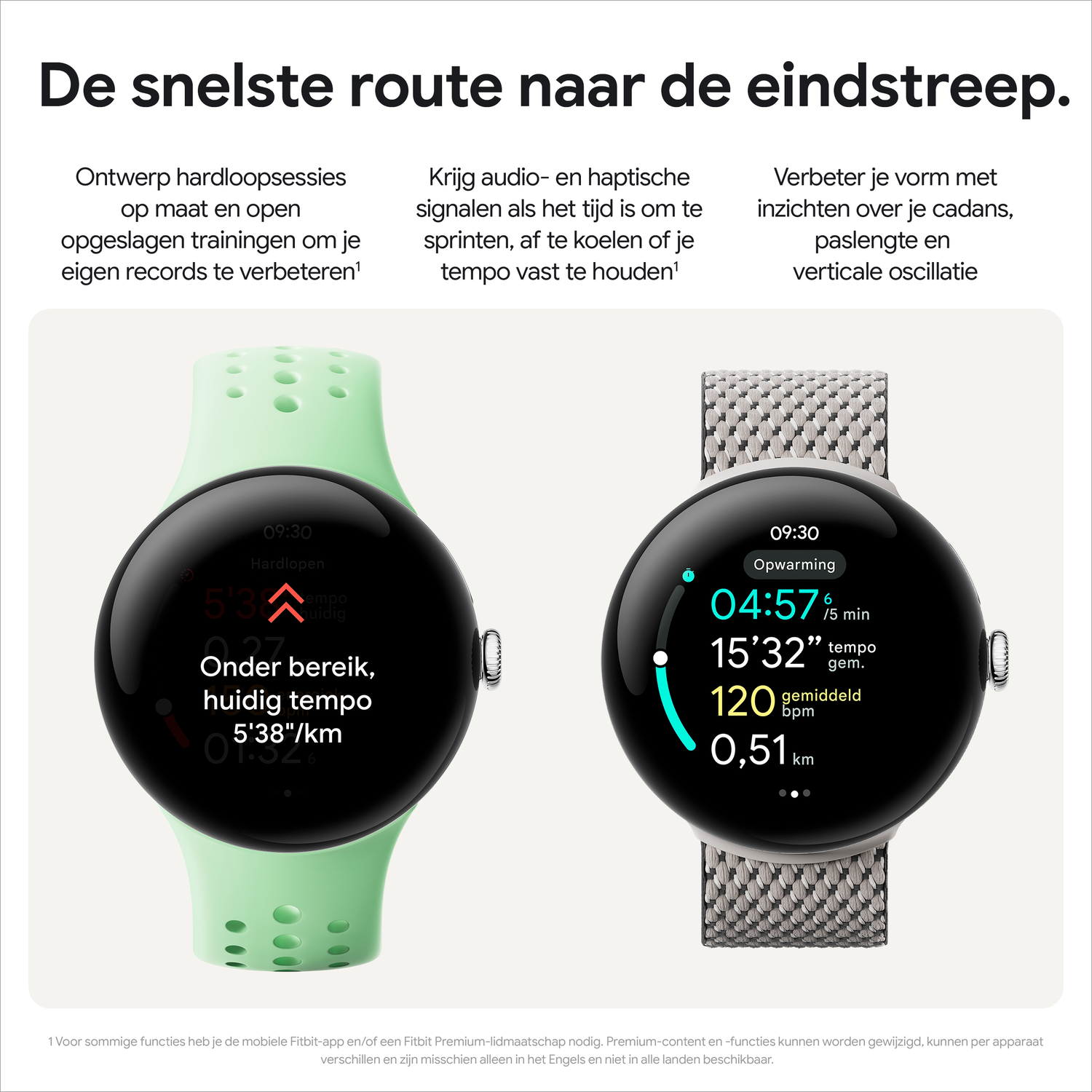 Twee smartwatches naast elkaar. Eén in groen toont de huidige snelheid, de andere toont tijd- en snelheidgegevens.