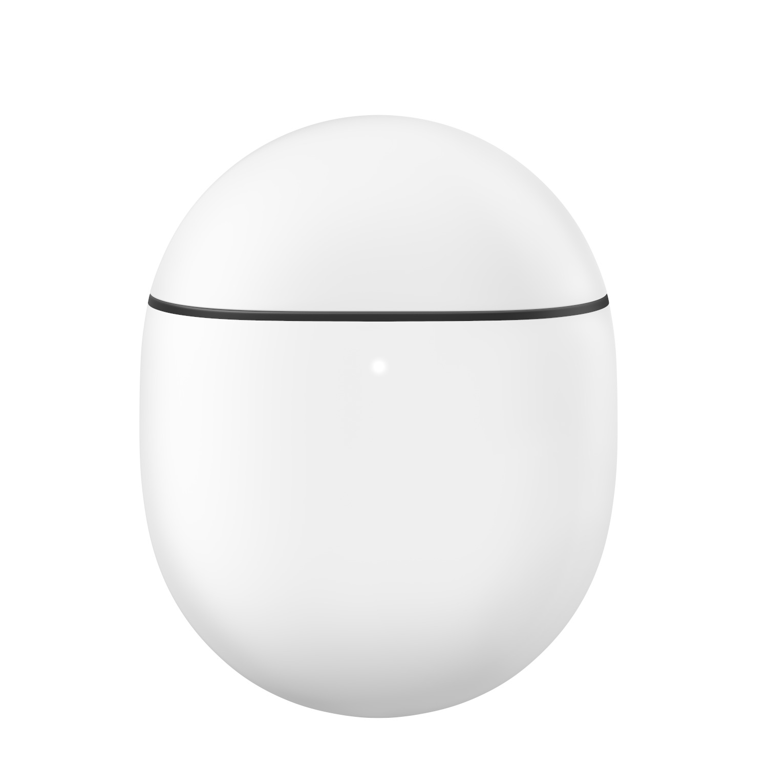 Een witte, afgeronde Google Pixel oplaadcase met een kleine zwarte lijn.