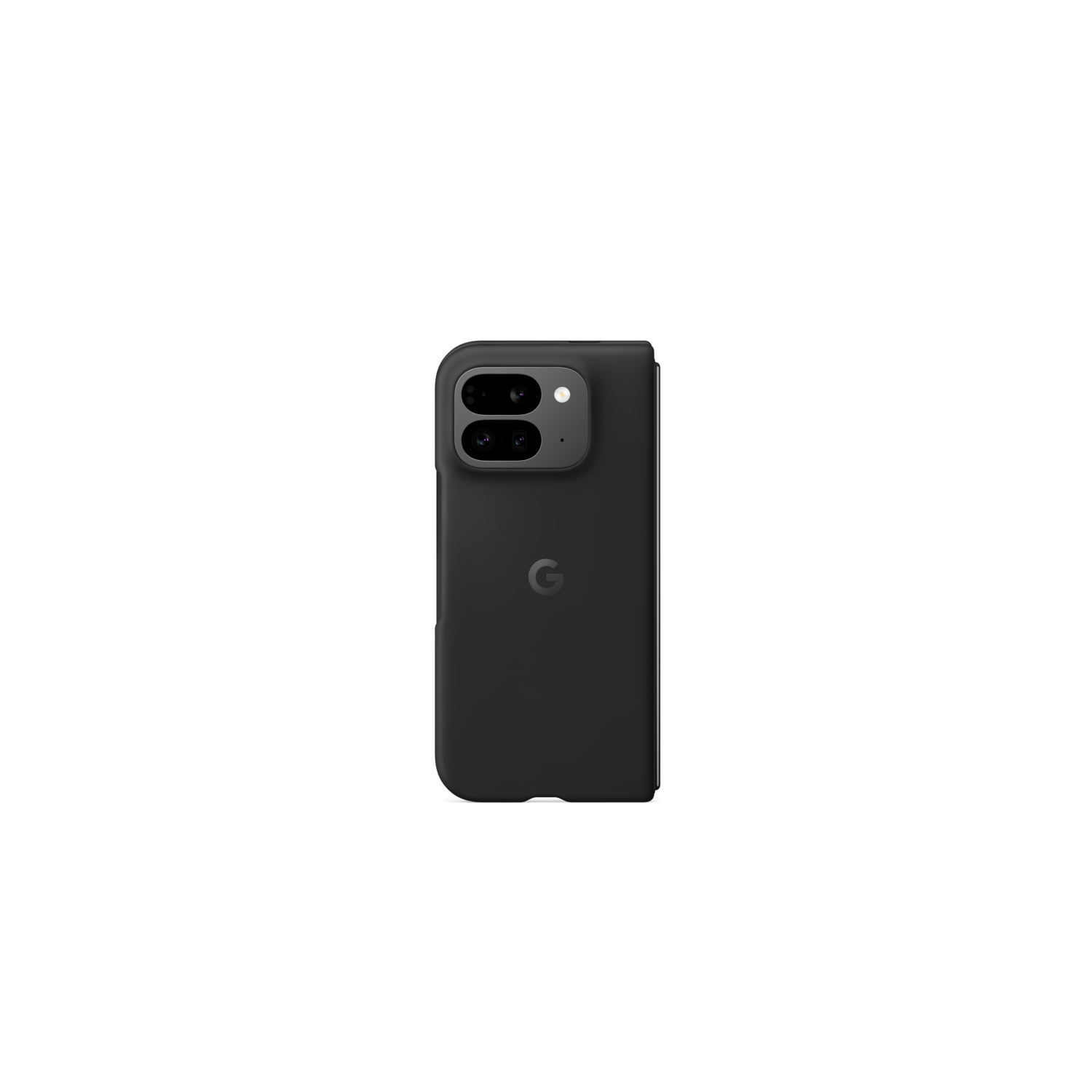 Zwarte telefoon in een zwarte hoes, met een zwarte achtergrond. De telefoon heeft twee camera's.