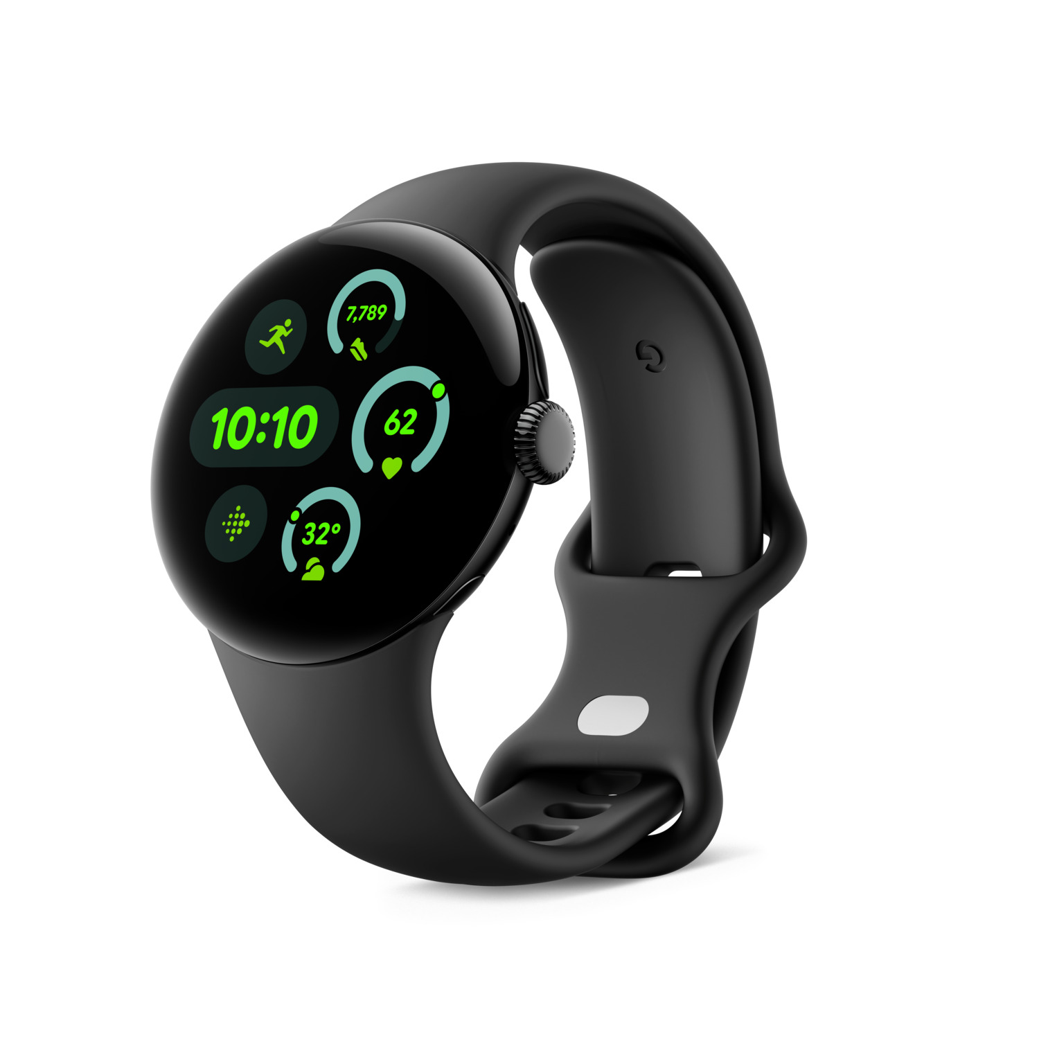 A black smartwatch with a round screen displaying data, a black band, and a white background.