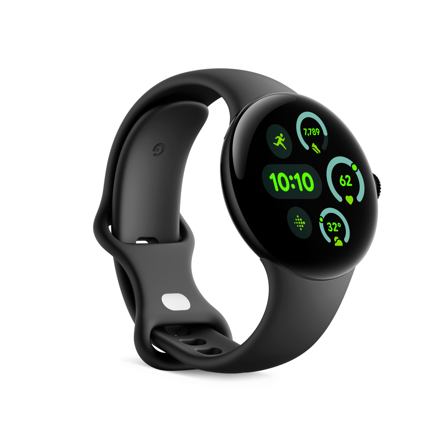Black Google Pixel smartwatch with a display showing activity metrics.