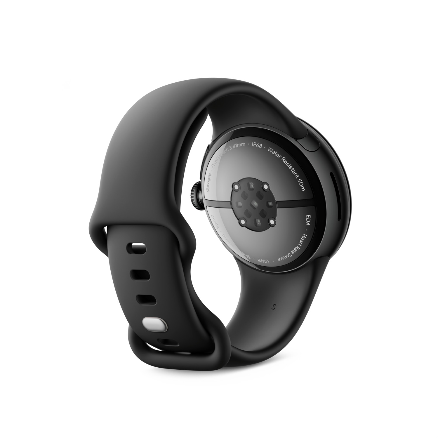 Black smartwatch back view. Heart rate sensor, black band with white clasp. White background.