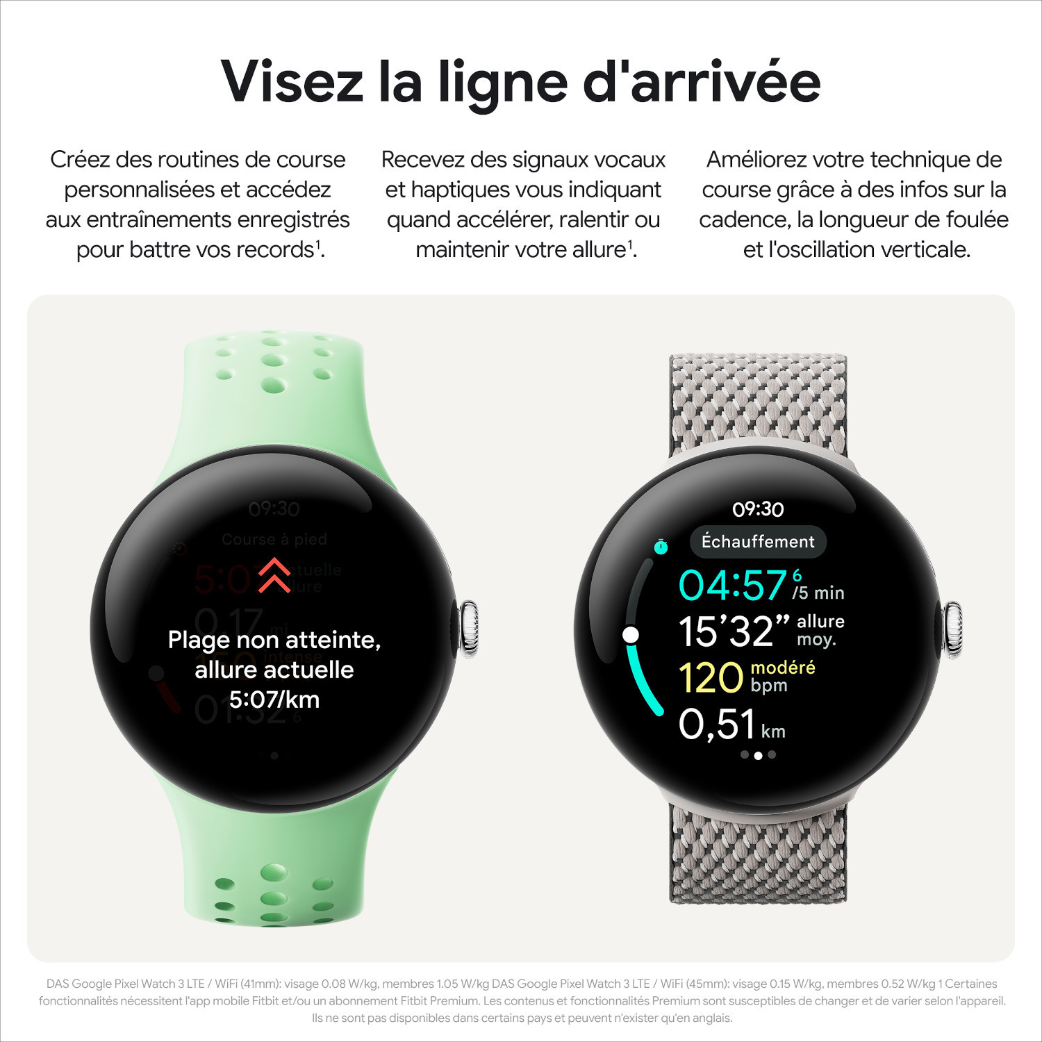 Deux smartwatches avec données d'entraînement, texte en français. L'une est verte.
