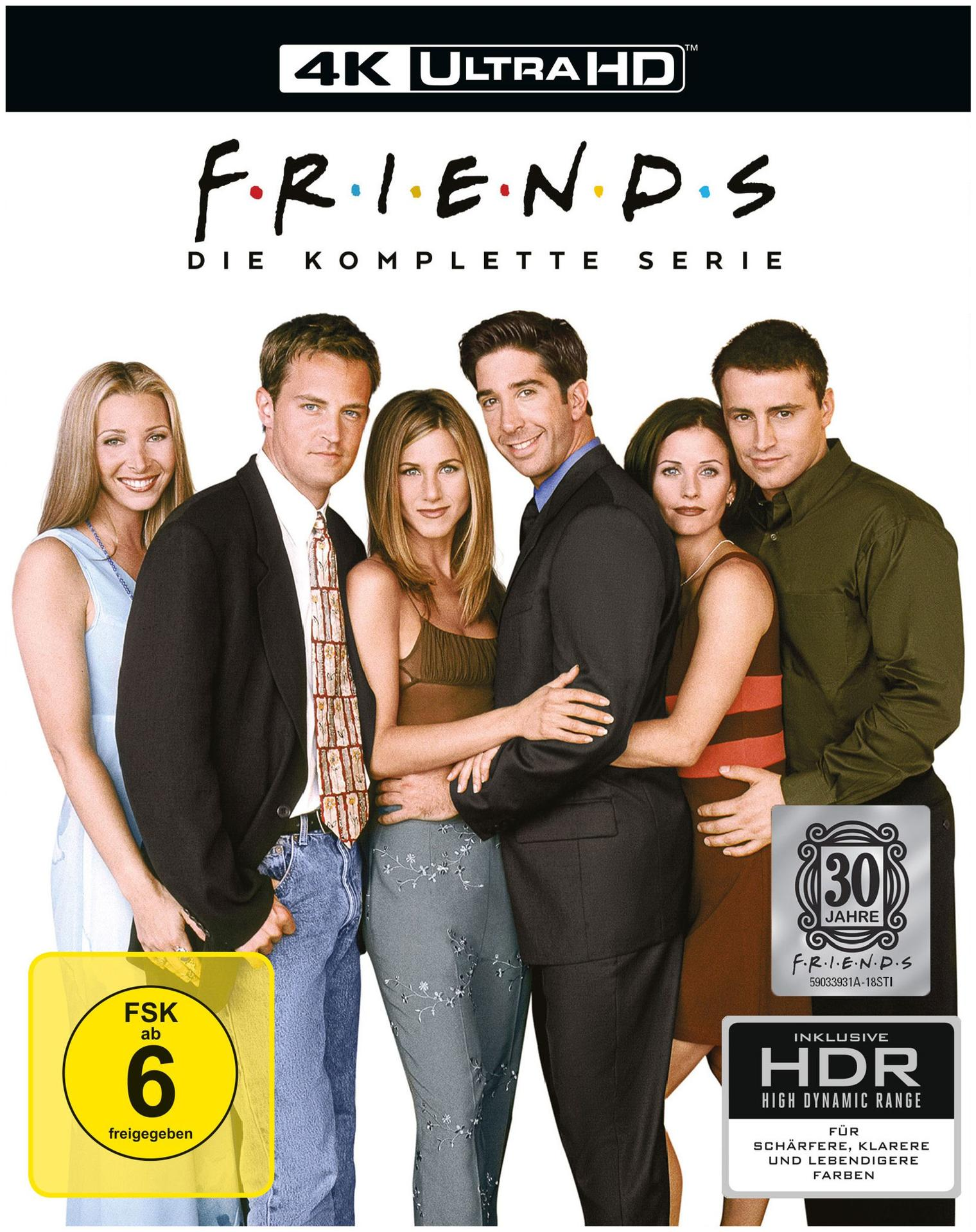 DVD-Cover für Friends: Die komplette Serie. Enthält die Hauptdarsteller und einen 30-Jahres-Jubiläumsaufkleber.