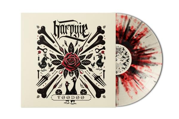 Albumcover-Kunst mit Totenkopf, Rose und Gabel-Design auf weißem Hintergrund mit roter Vinyl.
