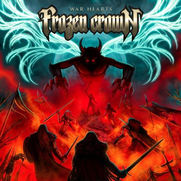 Albumcover mit Dämon und Figuren in feuriger Umgebung. Titel: Frozen Crown, War Hearts.