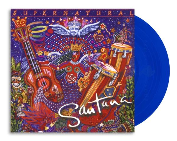 Santana "Supernatural" album borítója. Egy kék bakelit lemez látható. Egy zenekar színes illusztrációja.