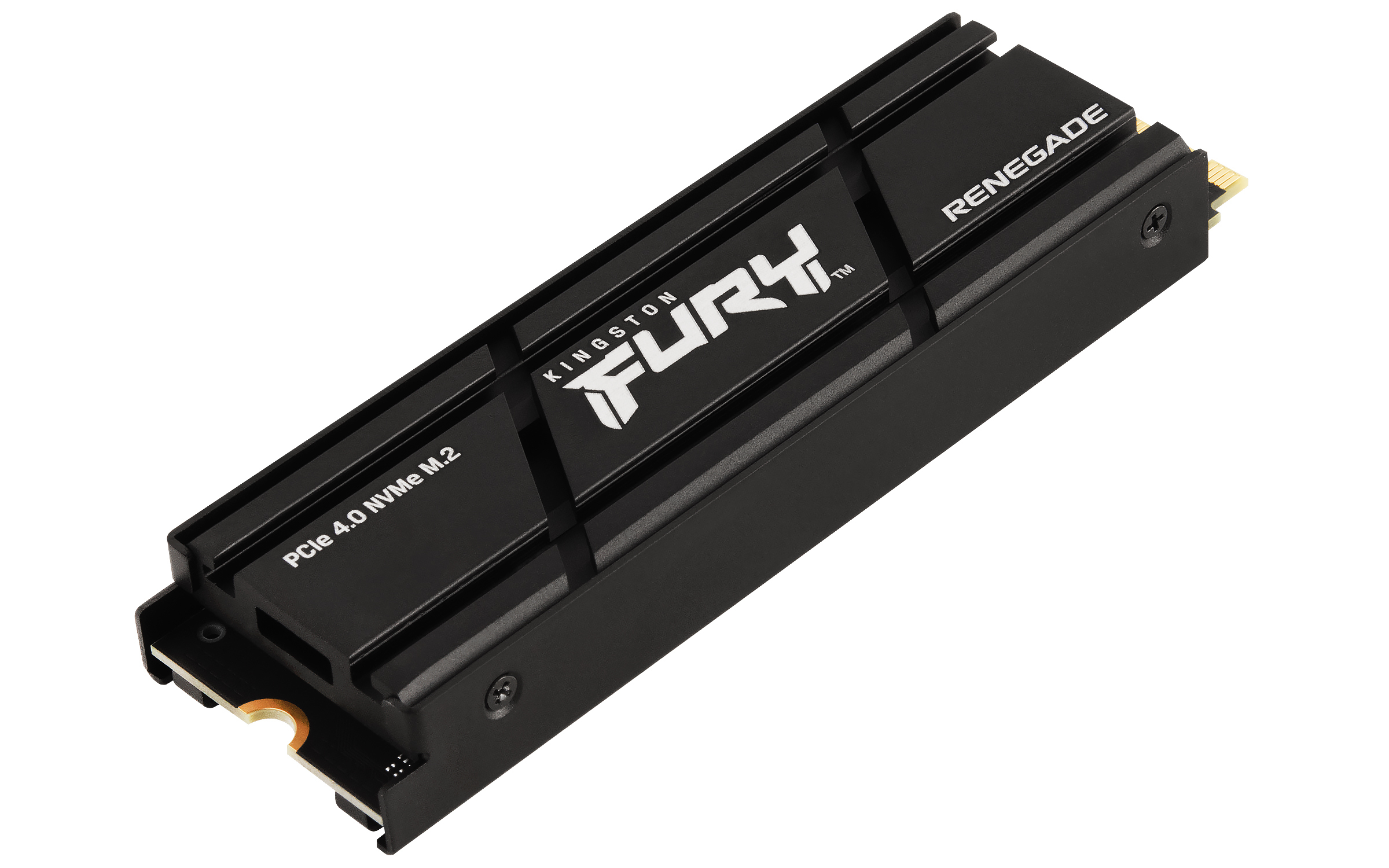 Schwarze Kingston FURY Renegade NVMe M.2 SSD auf weißem Hintergrund. Text: Kingston FURY, PCIe 4.0 und Renegade.