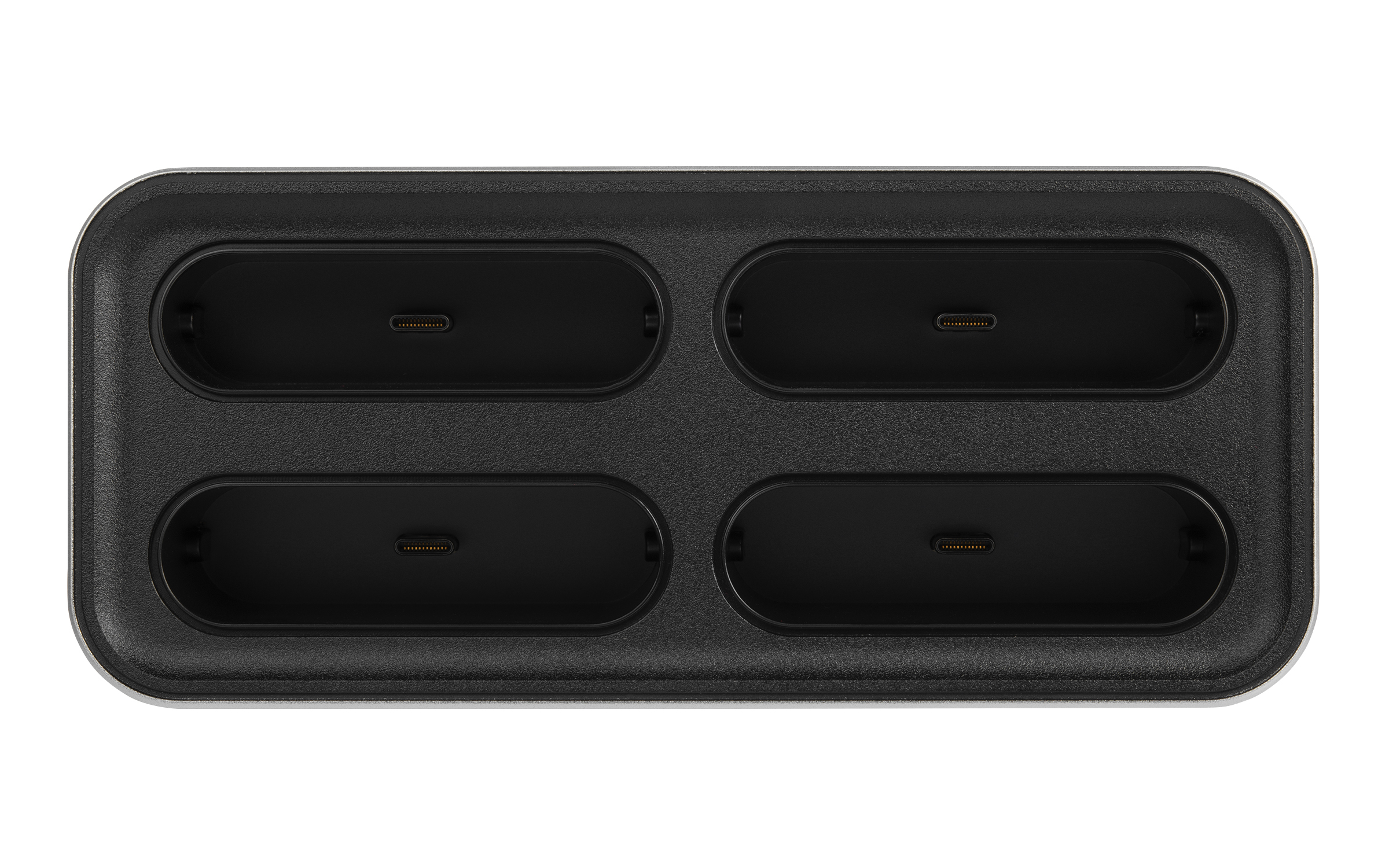 Eine schwarze Ladestation mit vier USB-C-Anschlüssen in einem schwarz-grauen Rahmen.