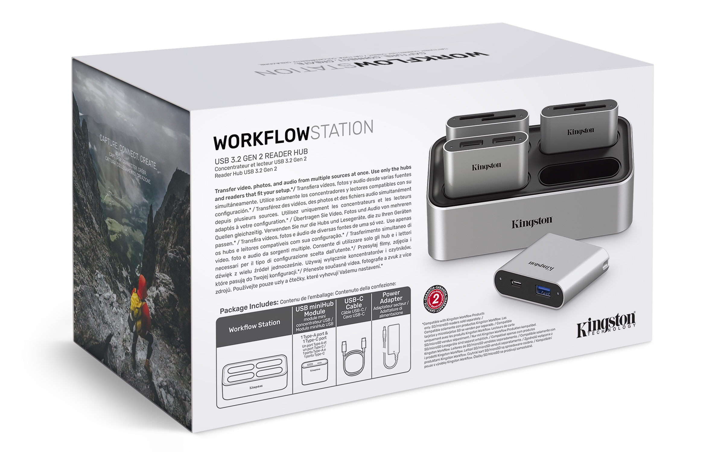 Weiße Workflow-Station-Box mit USB-Hub, Adaptern und Kabeln. Text und Bilder auf der Box.