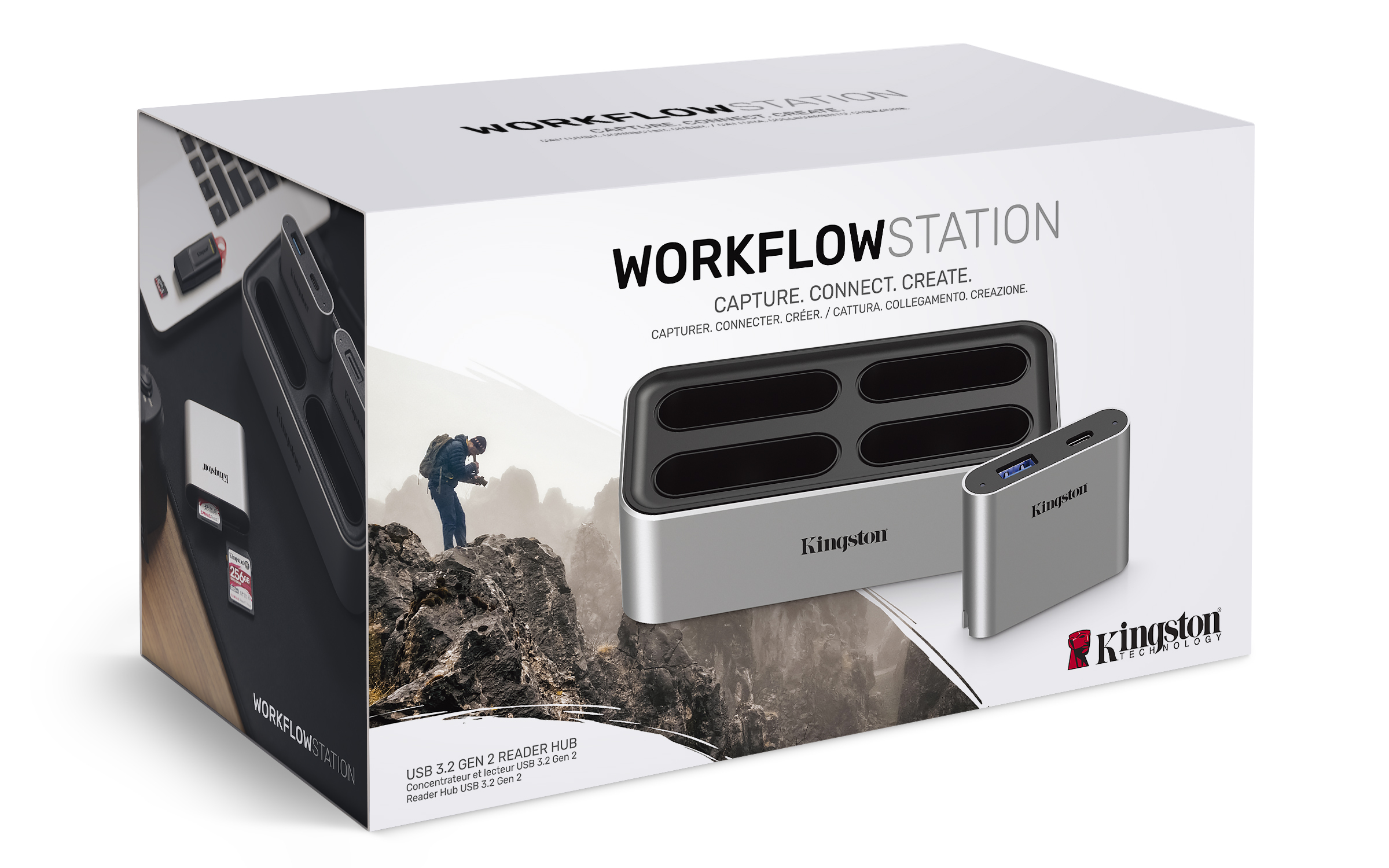 Ein Produktkarton mit einem USB-Lesegerät und einem kleinen externen Laufwerk, mit Text und Logos.