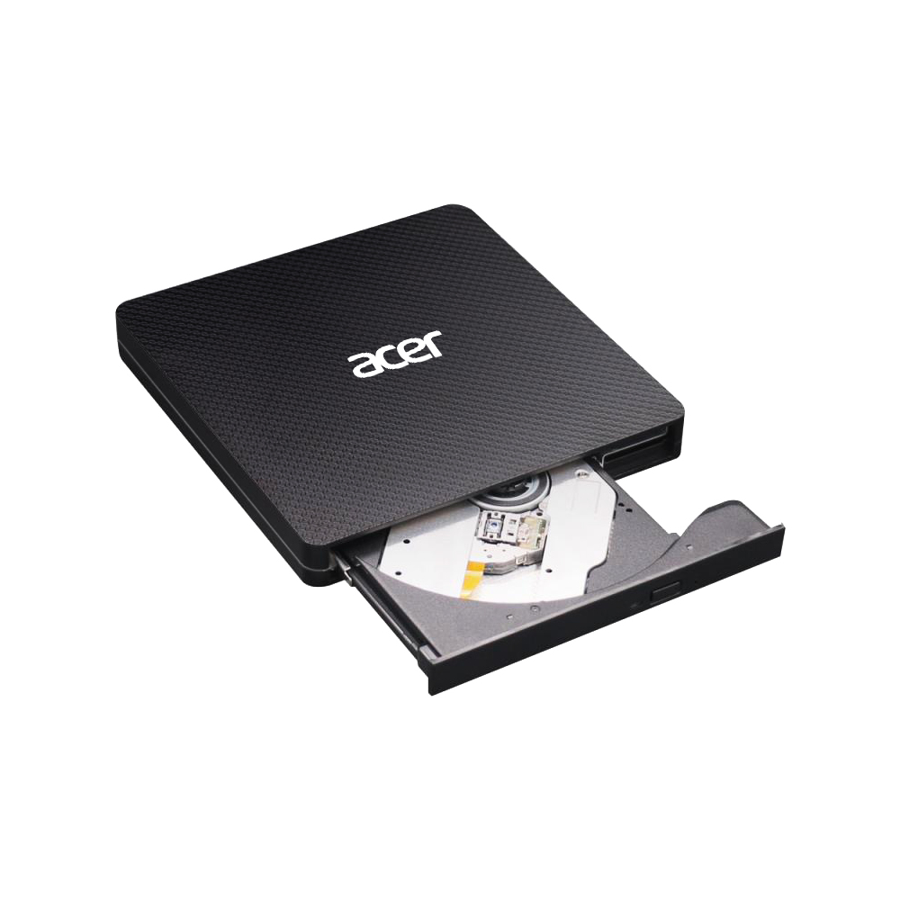 Schwarzes externes Acer DVD-Laufwerk, geöffnet. Zeigt das Laufwerk und das Acer-Logo oben.