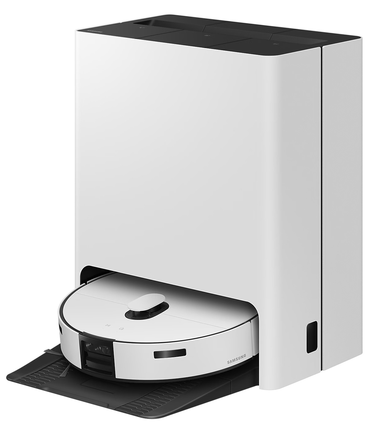 Biała stacja bazowa odkurzacza. Odkurzacz robot jest zadokowany, z logo Samsung.
