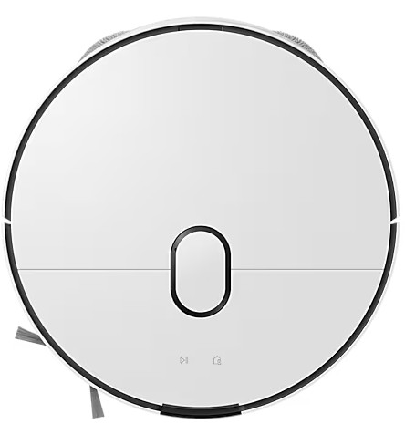 Biały odkurzacz robot, widok z góry. Ma okrągły kształt z centralnym przyciskiem.