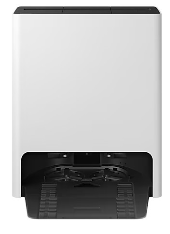 Biało-czarna stacja bazowa robota sprzątającego, otwarta na dole.