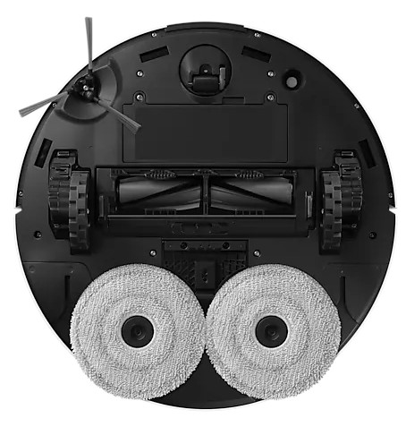 Odkurzacz automatyczny od dołu. Posiada szczotki, koła i dwie okrągłe nakładki do czyszczenia.