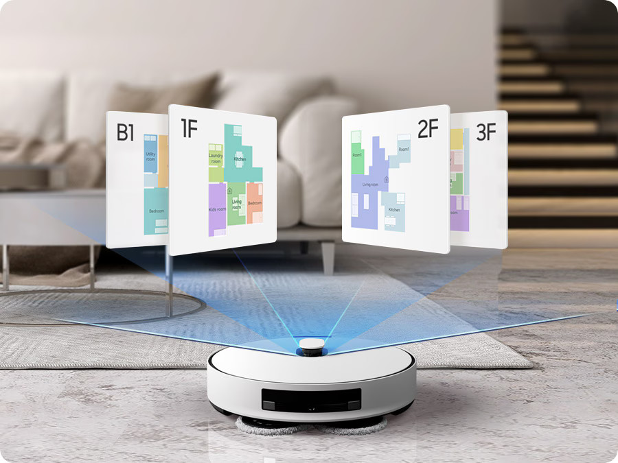 Biały robot sprzątający z planami pięter na ekranach, czyszczący dywan w salonie.