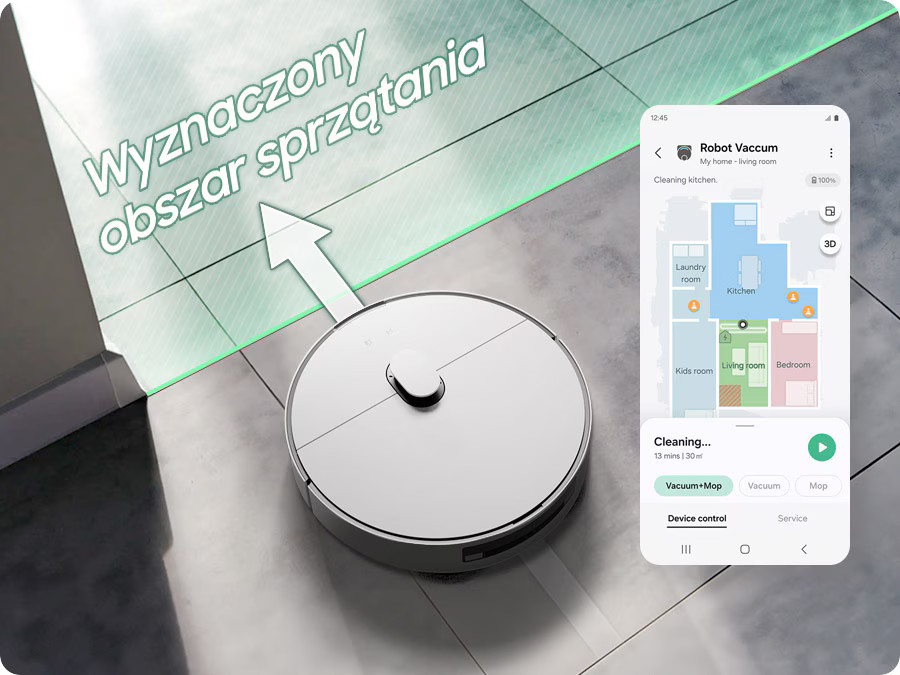 Odkurzacz robot jest na podłodze. Telefon pokazuje mapę i opcje sterowania.