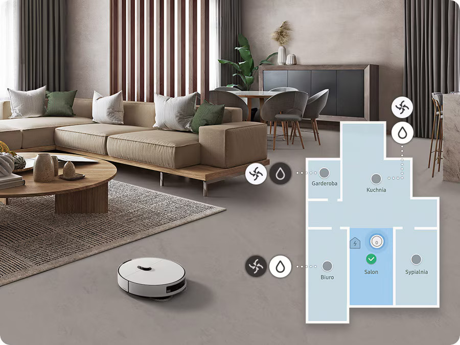 Robot odkurzający mapujący układ pomieszczenia. Diagram przedstawia plan piętra z oznaczonymi obszarami.