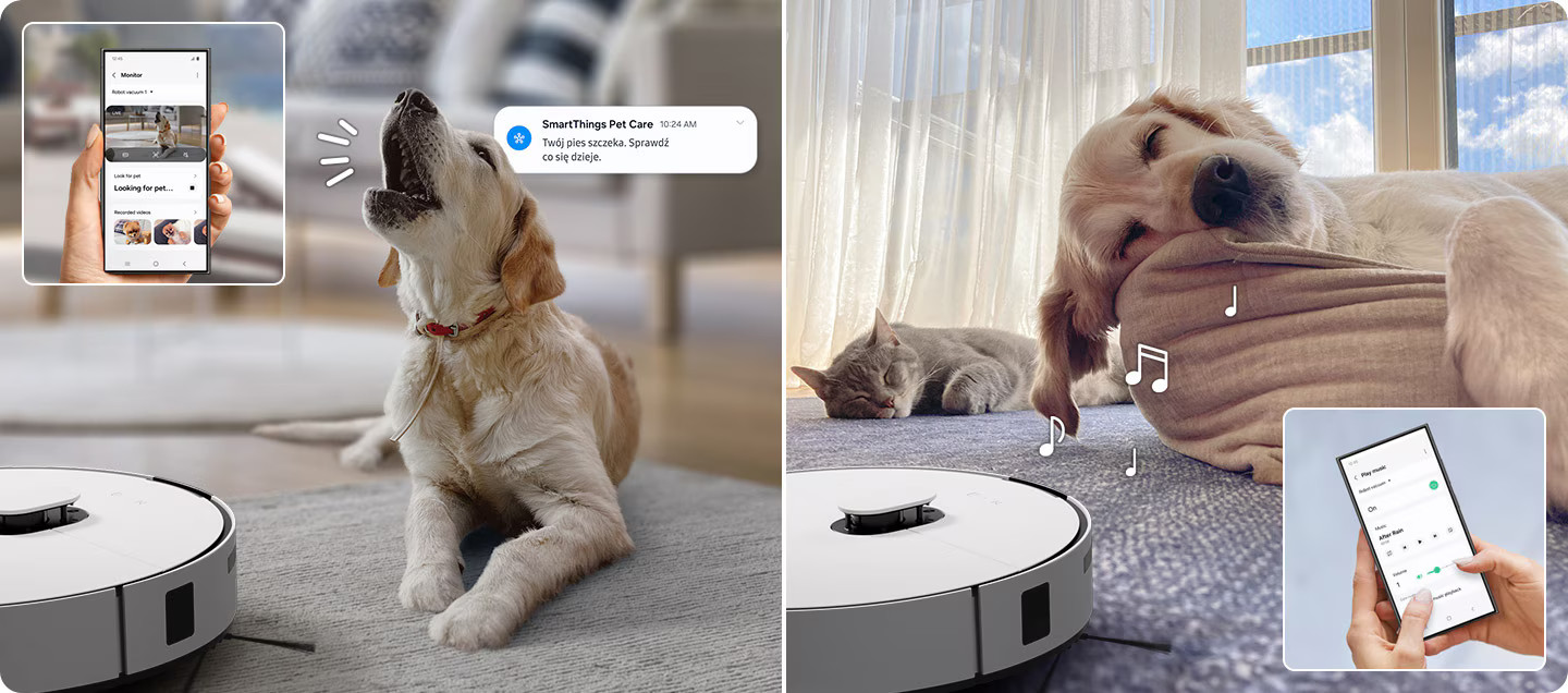 Dwa obrazy: pies szczekający obok robota sprzątającego i kot śpiący w pobliżu robota.