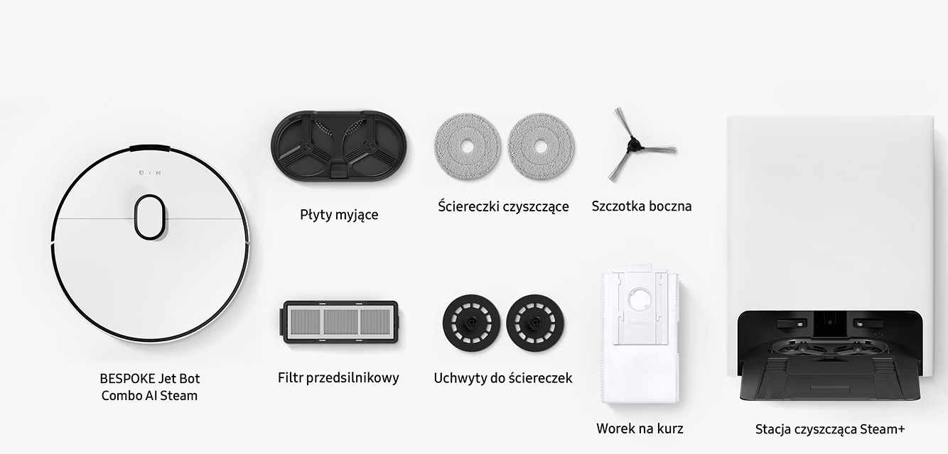 Biały robot sprzątający Bespoke Jet Bot Combo AI Steam i akcesoria.
