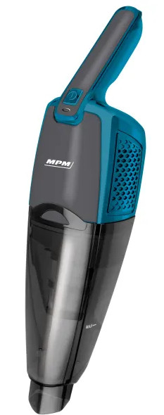 Turkusowo-szary odkurzacz ręczny, białe tło.