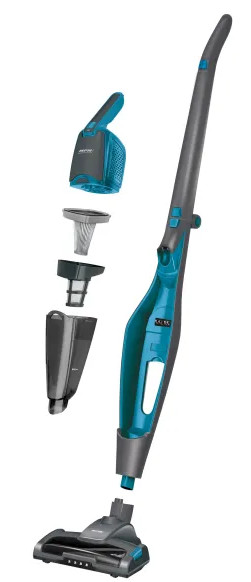 Widok rozstrzelony turkusowo-szarego odkurzacza z odłączanymi częściami.