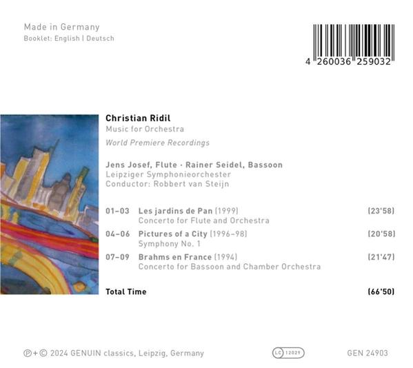 CD-Rückseite mit Trackliste und Text über Orchestermusik.