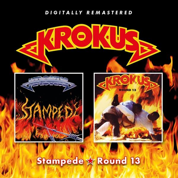 Krokus-Albumcover. Zwei Albumcover, eines mit Flammen und dem Wort 'Stampede', das andere mit Wrestlern und 'Round 13'.